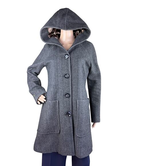Soia & Kyo M Wool Blend Hooded Coat Gray Herringbone Mid-Length Toggle Bow - Picture 1 of 13